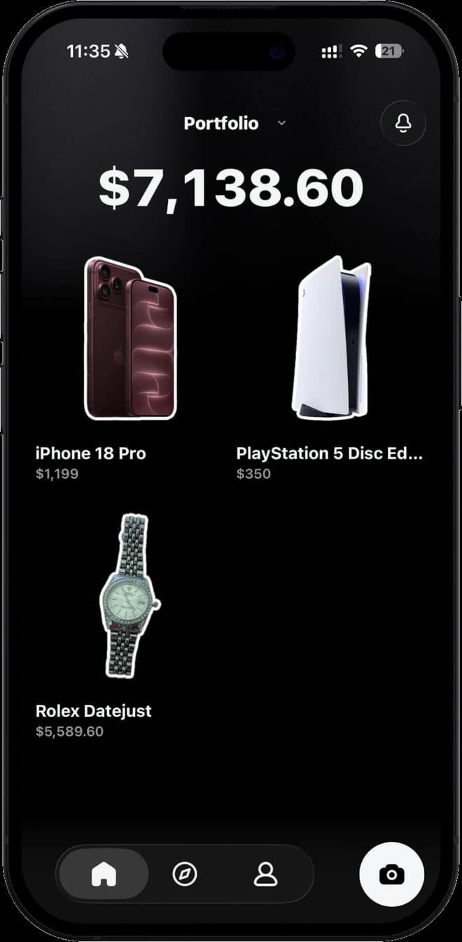 Held portfolio screen in a phone mockup