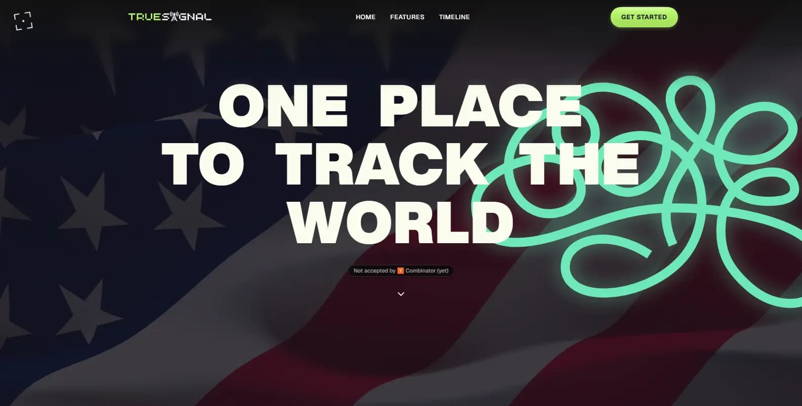Truth Signal website with bold typography and a flowing green ribbon